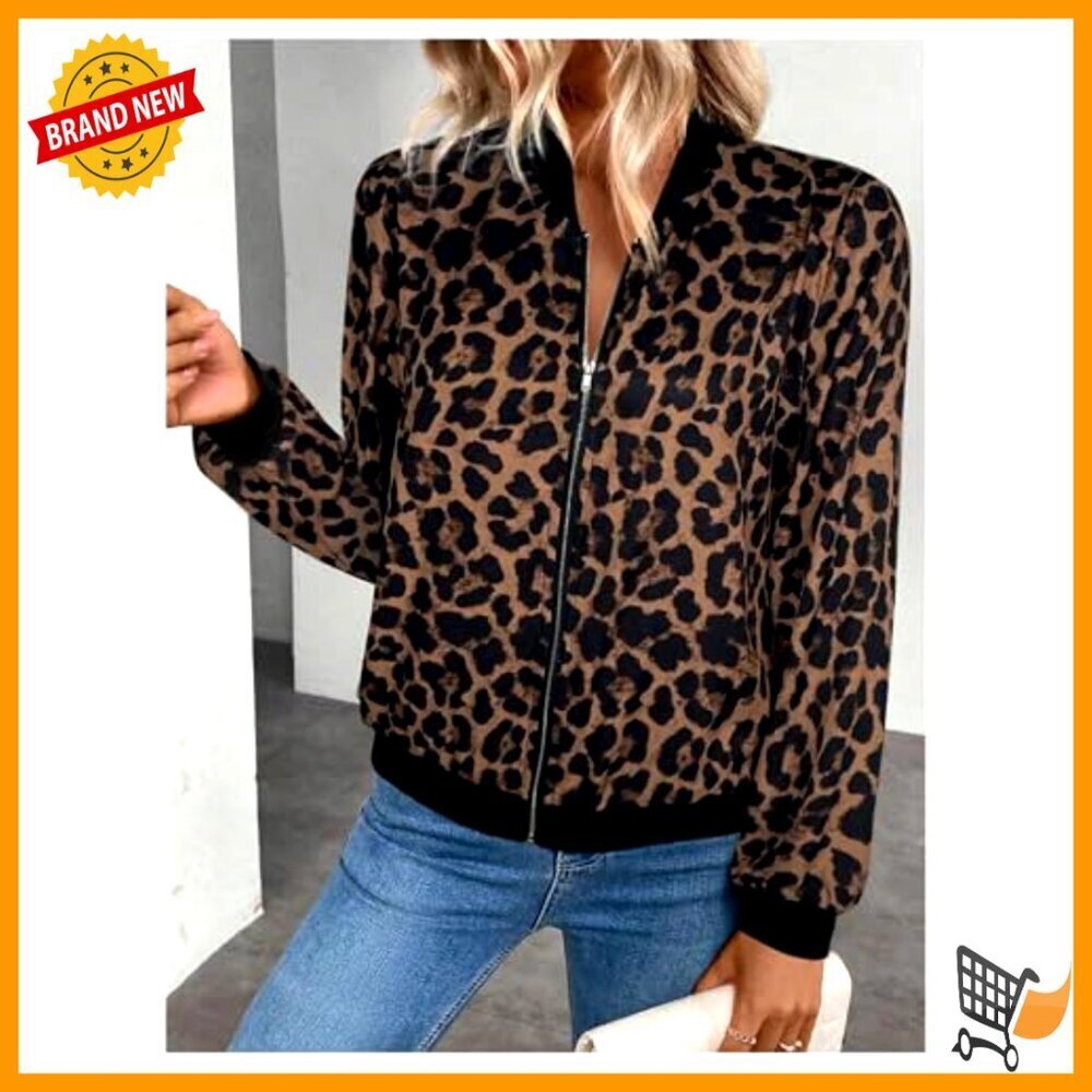 Leopard Print Long Sleeve Zip Up Bomber Jacket Structured Silhouette Y2K Chic - Picture 5 of 5